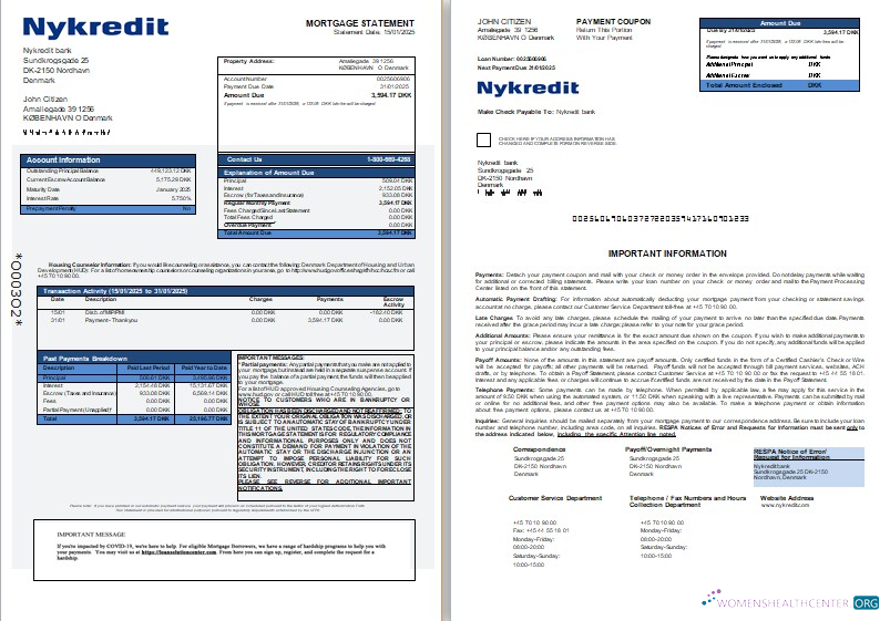 Download Denmark Nykredit bank mortgage statement, 3 pages, 1 2 scr Photoshop template